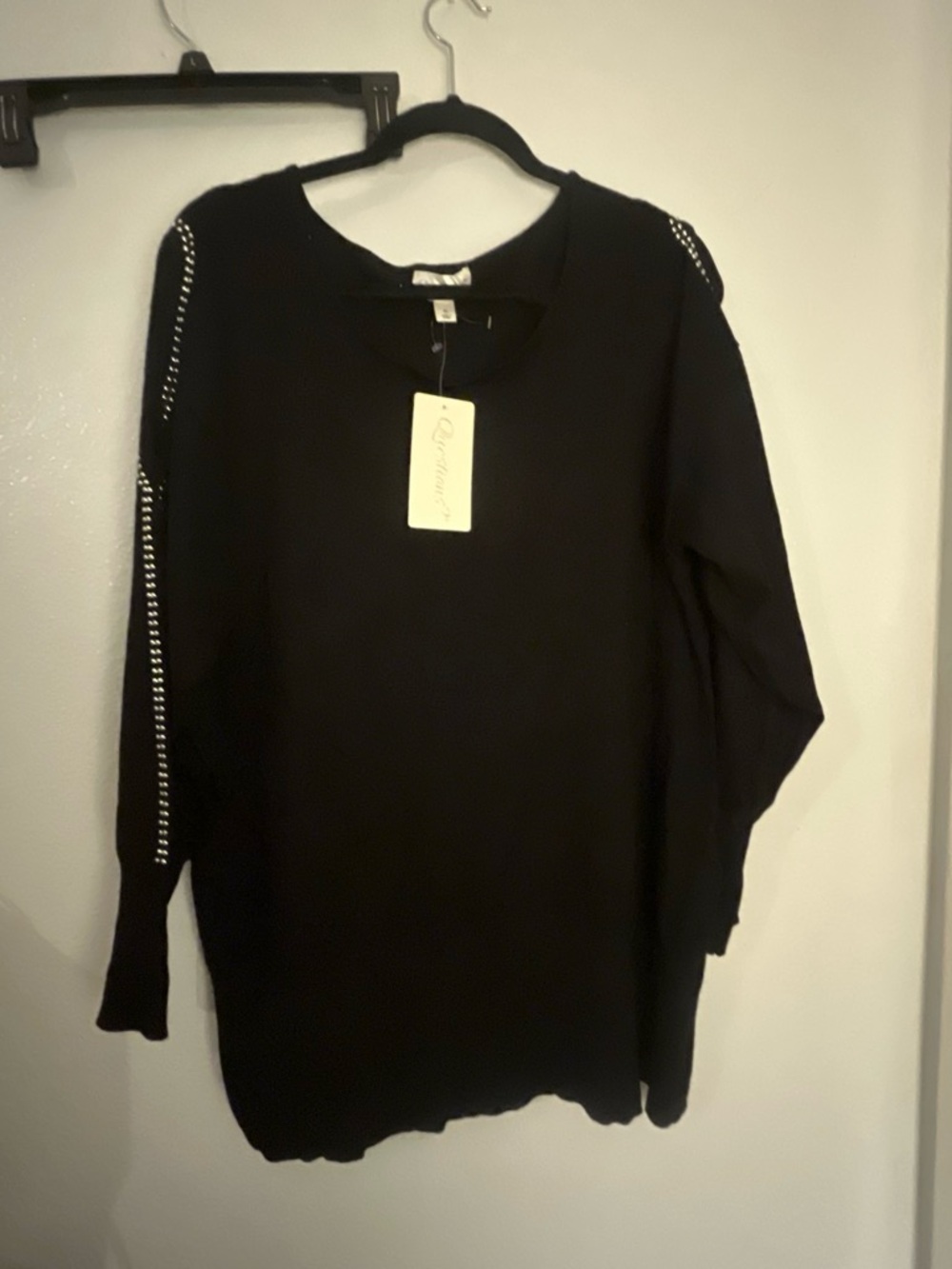 Women's Black Crewneck Sweater with Chain-Trim Detail